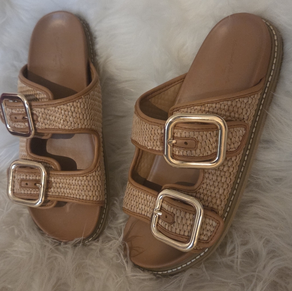 Universal Thread Boho Woven Raffia Buckle Slides | Natural & Cognac | Size 8.5 - Picture 4 of 8